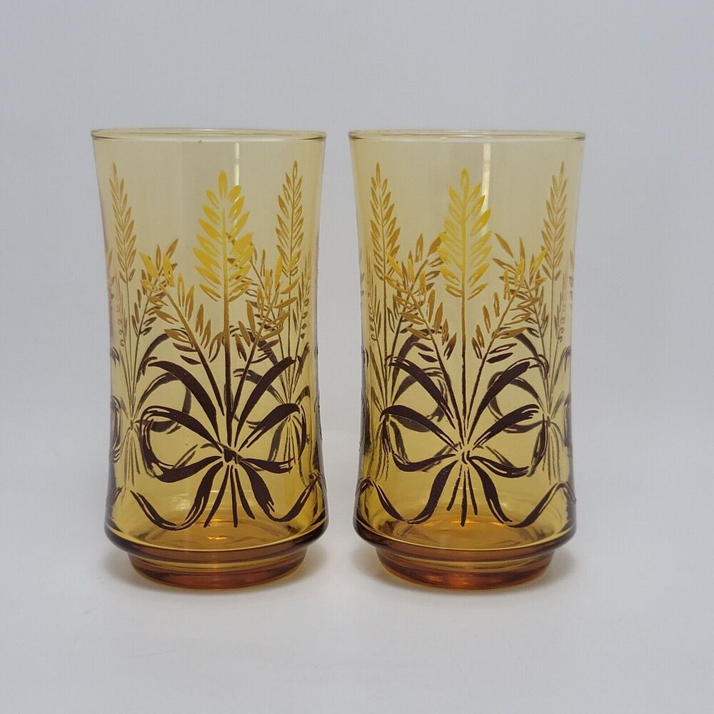 Vintage Libbey Wheat & Ribbon Design Vintage Amber Glass Print Tumbler Set of 2
